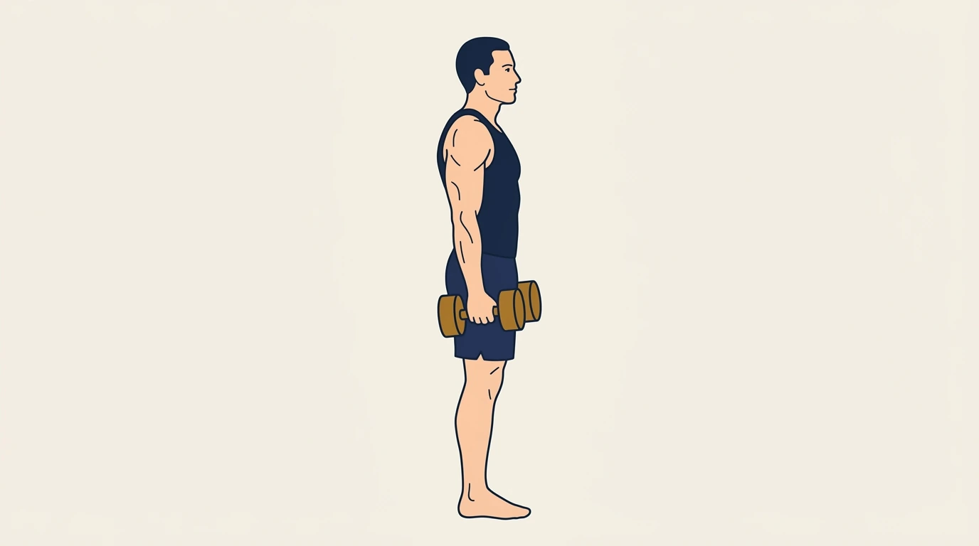 Form illustration: dumbbell shrug, side view